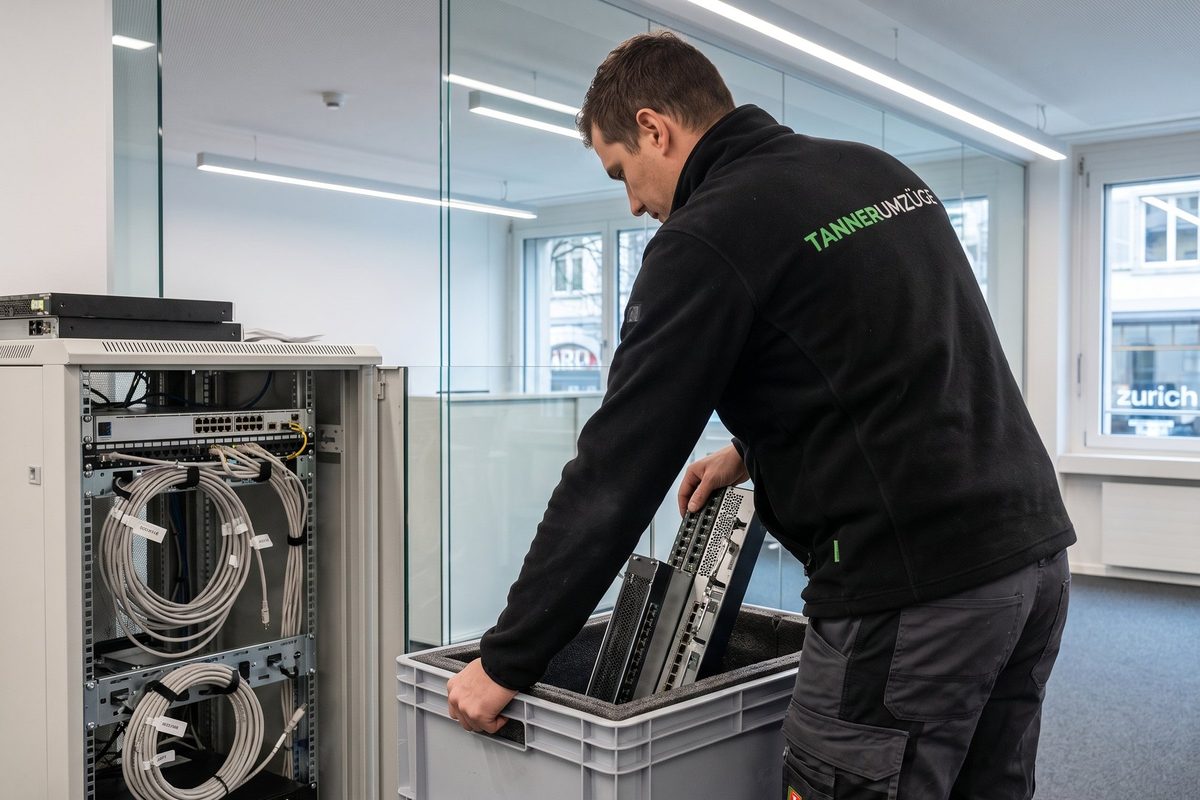 Netzwerktechnik wird beschriftet und in gepolsterte Kisten gepackt