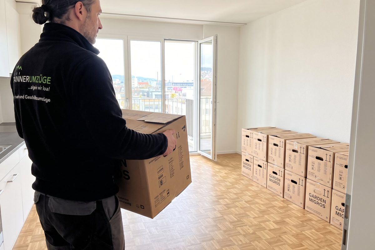 Beschriftete Kartons werden in die Küche der neuen Wohnung getragen